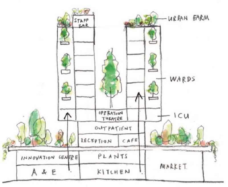 The Living Systems idea proposes a green hospital design which features a rooftop urban farm, staff bar, and pocket gardens