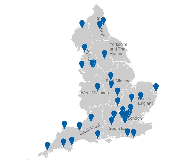 The blue markers show apparent 'new hospital projects' which will be delivered under the scheme