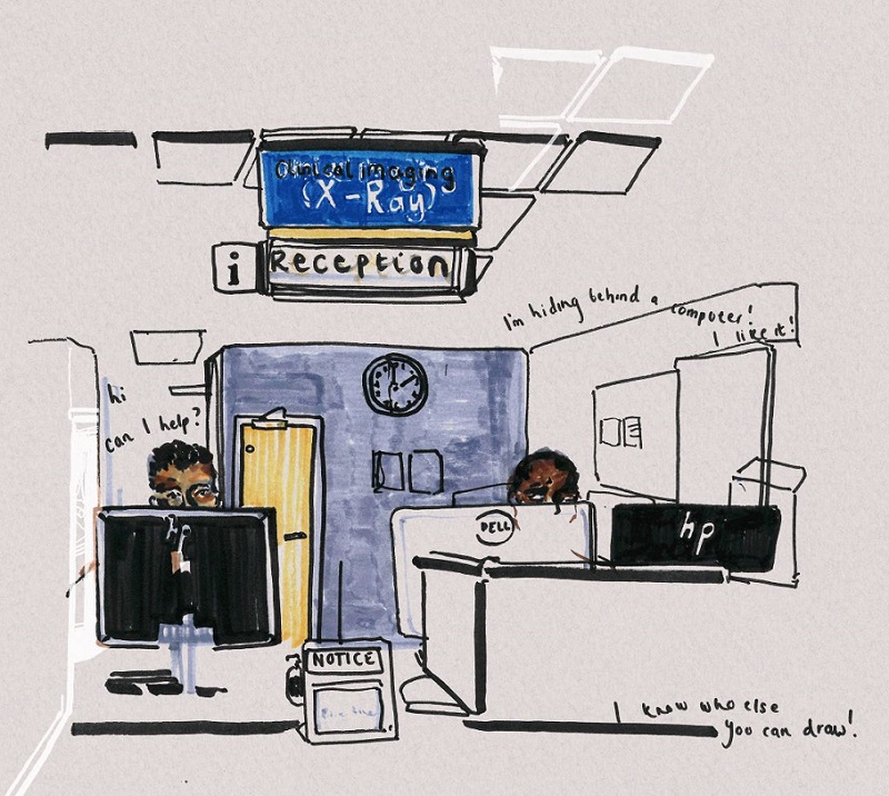 Emily Thomas' work at the West Middlesex Hospital includes this drawing of staff in the clinical imaging department