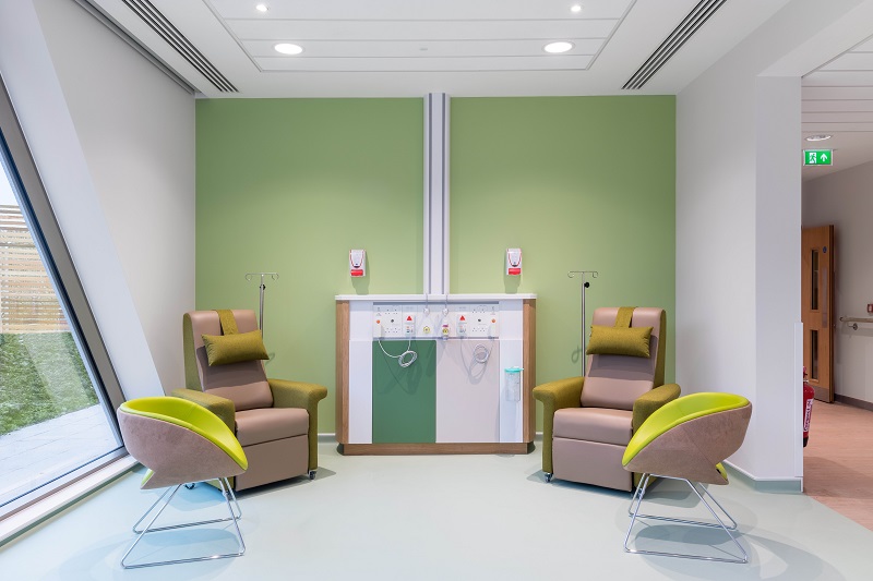 The Eternal Colour range, with its soft, subtle sparkle effect was used to brighten up the consultation rooms and break up the bays in the chemotherapy suite