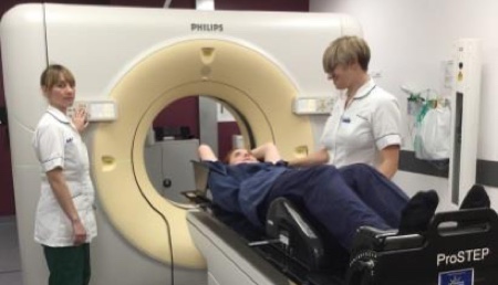 Team leader radiographers Donna White (left) and Emma Prince (right) with the new Philips Brilliance Big Bore Computerised Tomography (CT) scanner