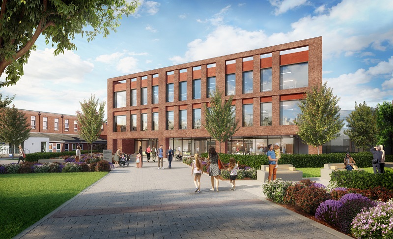 An artist's impression of the new entrance and office block