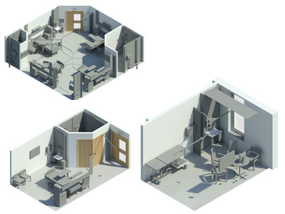 Top left: Multi-Bed Bay - Diamond Configuration, Bottom left: Single Bedroom - Inboard, Bottom right: Section Box View