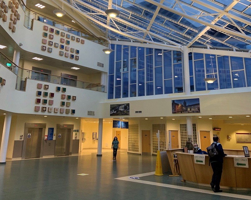 The new lighting is helping to create a more-welcoming reception and entrance area at Hairmyres Hospital in Scotland