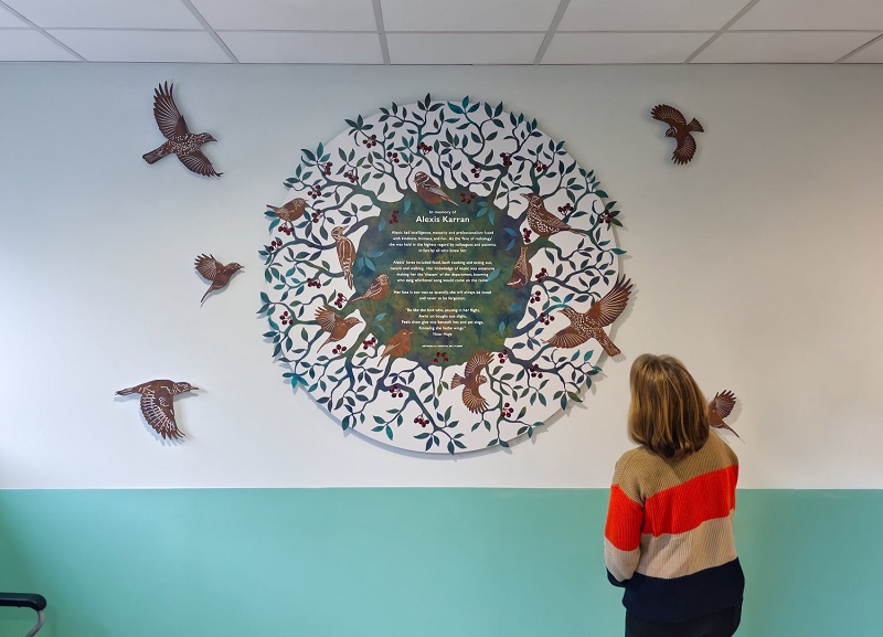 The first of two new artworks was designed in memory of Alexia Karran, who worked in the radiology department and was a lover of nature and birds