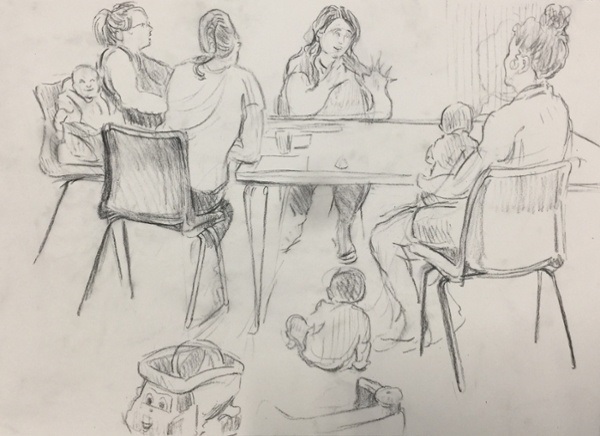 Documentary drawings of creative sessions in Newport and Cwmbran made by artist Geraint Ross Evans