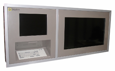 Flush wall-mounted membrane-covered PACS displays, like this Starkstrom model, are becoming more popular in theatres where infection control is a key driver