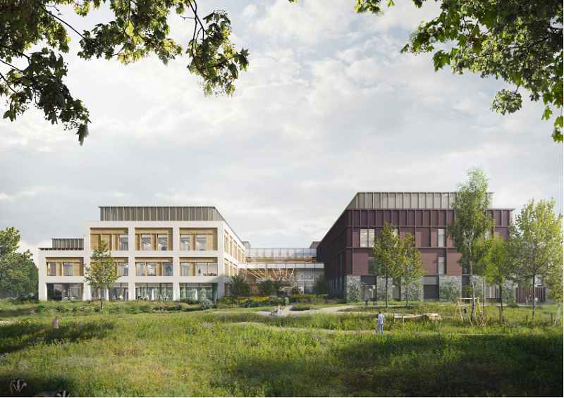 The new cancer centre will be the country's most-sustainable healthcare build. Pictured is the proposed view of the entrance from the Whitchurch playing field side