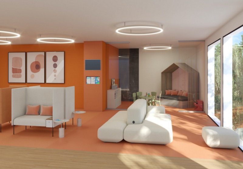 This Graphic Design pallete used for the a waiting room features Acczent Excellence 80 Uni Bright Orange , Acczent Excellence 80 Matrix 2 Bright Orange, Acczent Excellence 80 Long Modern Oak Natural, Acczent Excellence 80 Facet Orange, and ProtectWALL Tissé Warm Grey 