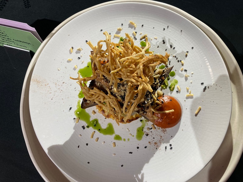 The vegetarian main course is a Japanese-inspired aubergine dish