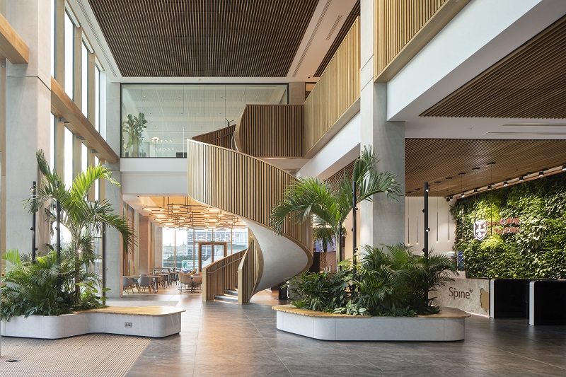 The Spine takes its name from a striking staircase on its North elevation that resembles human vertebrae