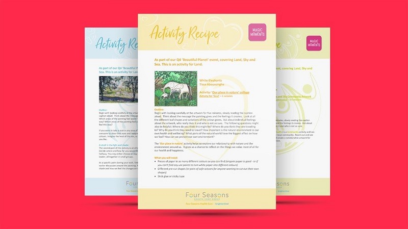 Some of the <i>Beautiful Planet</i> activity 'recipe cards' inspired by artworks from the Paintings in Hospitals collection and specially-designed for care home residents