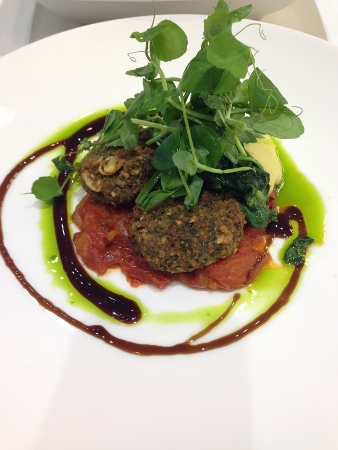 The vegetarian main course option is chickpea and aubergine fritters