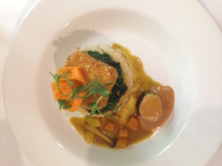 The meat-free main dish is tamarind-infused tofu with sticky rice cake, burnt cucumber, miso and katsu sauce