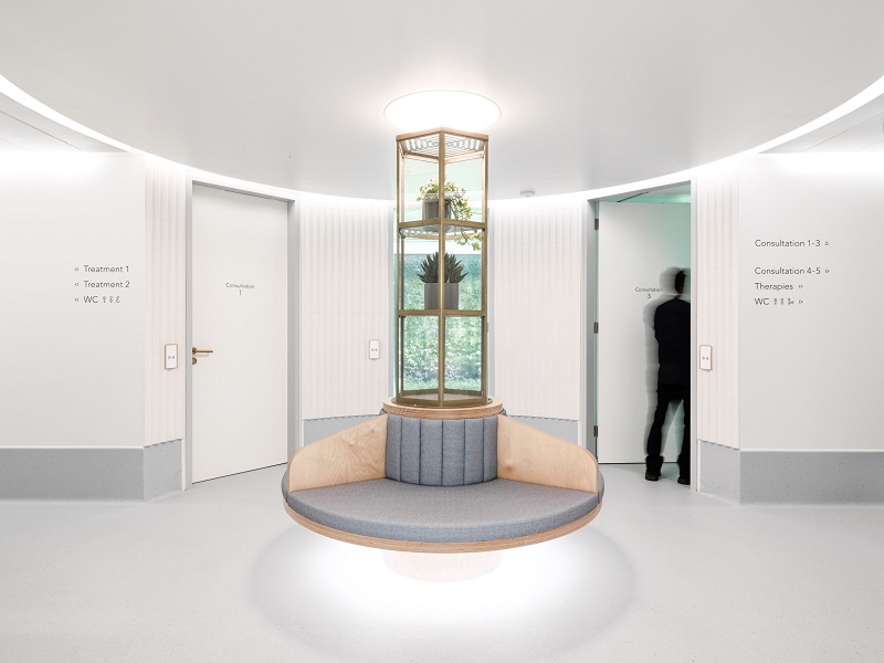 Seating areas between zones provide places to reflect and relax