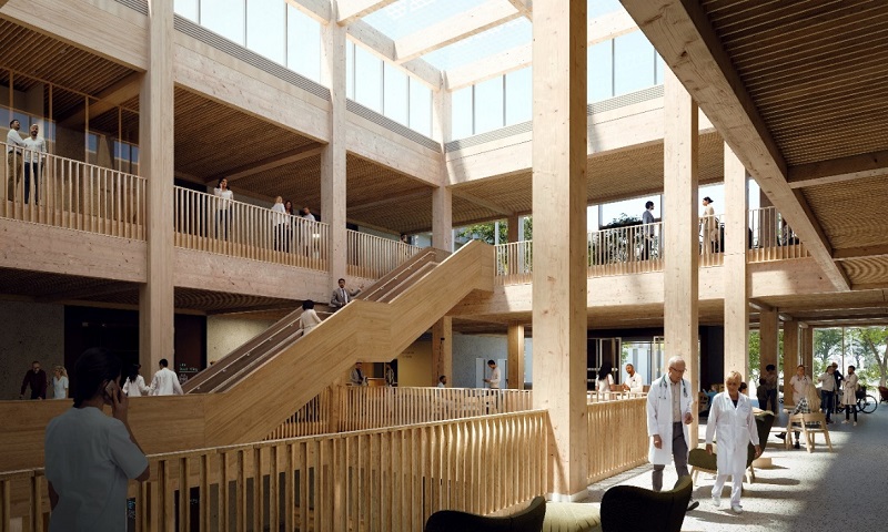 The centrepiece of the project is the Lolfa, a flexible space for meeting, waiting, conversation, and
access to all the hospital departments